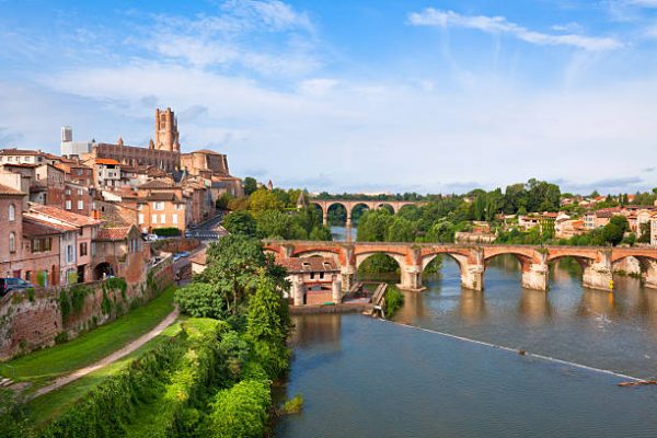 View of the August bridge and The Saint Cecile church in Albi, France. Horizontal shot