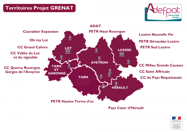 Carte de localisation des territoires ruraux engagés dans le programme GRENAT piloté par l'Adefpat